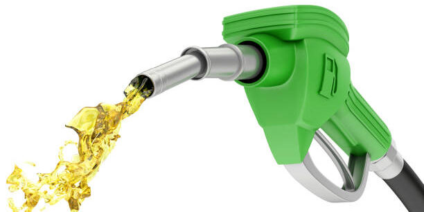 Green gas pump with petrol splash on white background, 3d render